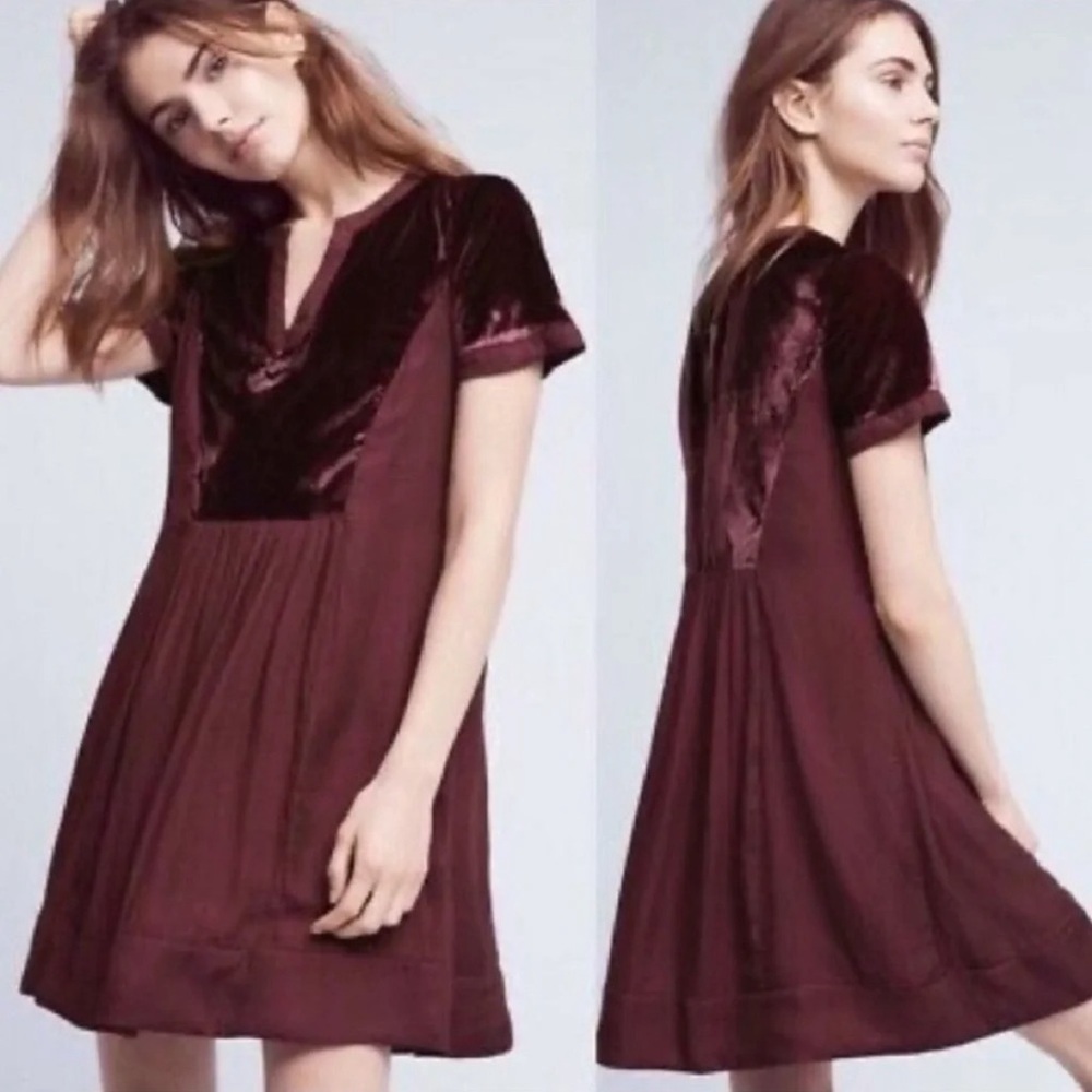 Maeve Anthropologie Ingrid Plum Velvet Trim Mini Dress Medium